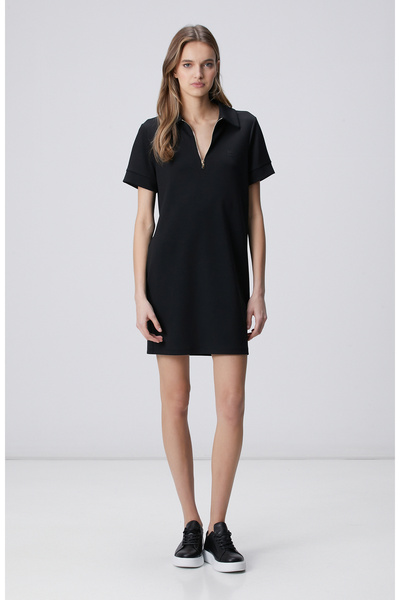 Network Siyah Kısa Kol Polo Yaka Mini Boy Örme Elbise