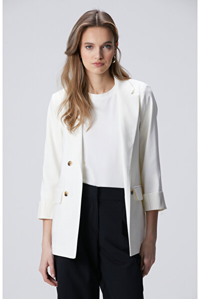 Network Beyaz Açık Kruvaze Kol Ucu Desenli Astarlı Ceket