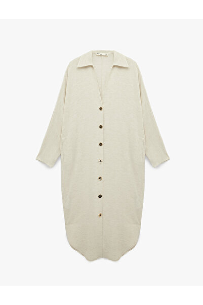 Koton فستان قميصي بأكمام طويلة وجيوب وأزرار، مصنوع من مزيج الكتان والفسكوز، م...