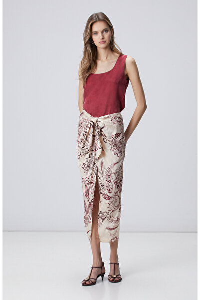 Network Vişne Şal Desenli Midi Etek
