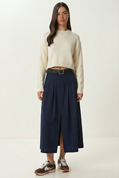 Lovelyİstanbul Fusta midi țesută cu curea și șliț LBY0046 ALBASTRU ÎNCHIS