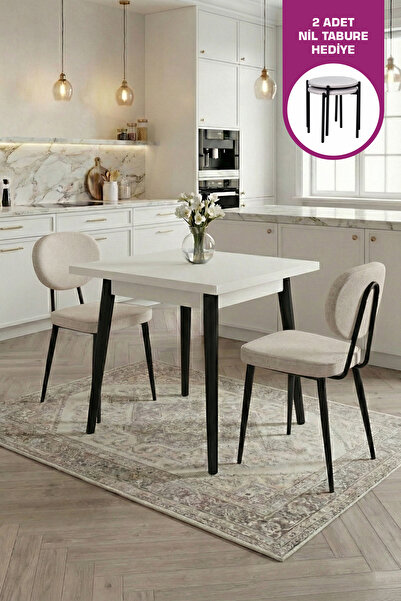 VİLİNZE Deniz Sandalye Avanos Ahşap MDF Sabit Mutfak Masası Takımı - 80x80 cm