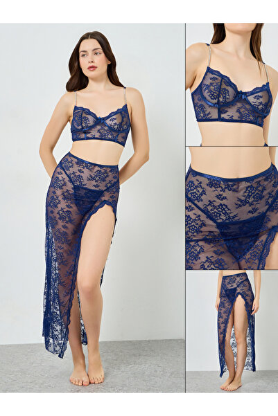 Styli طقم من 3 قطع - حمالة صدر مشدّة بسلك داخلي، تنورة طويلة، وسروال داخلي