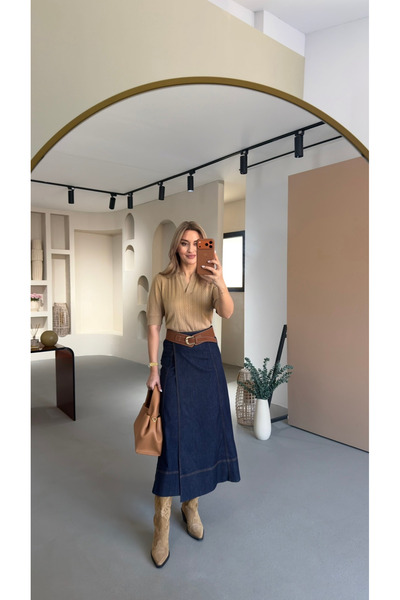 Sezgi Tekin Suede Belted Navy Blue Bell Denim Skirt