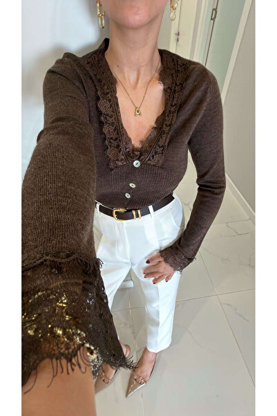 BİRCANÇİL سترة يوكور بتفاصيل دانتيل بلون بني ميلانج