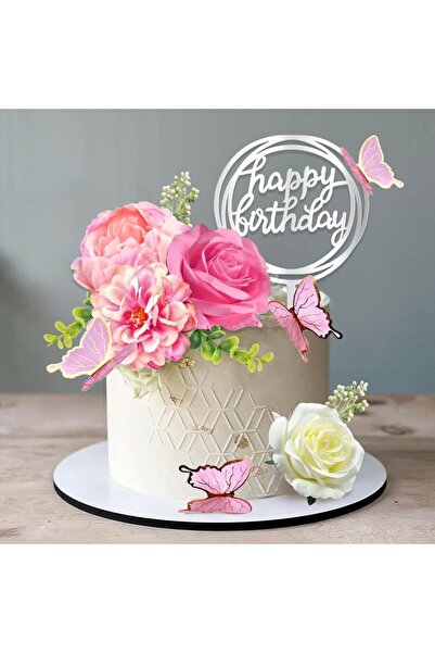 Choice زينة كعكة على شكل زهور وردية مع فراشة مكتوب عليها "عيد ميلاد سعيد" وزه...