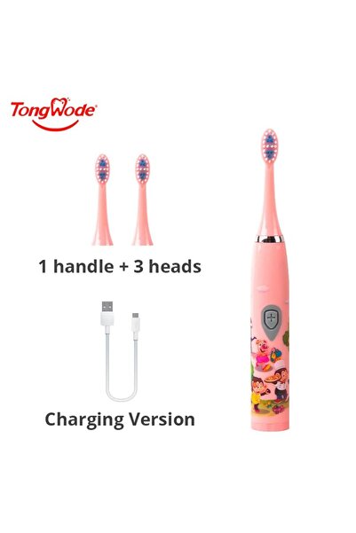 Choice1 فرشاة أسنان كهربائية سونيك للأطفال باللون الوردي مع 3 رؤوس، رسوم كرتو...