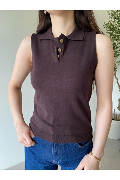 Bade Butik Καφέ μπλούζα με γιακά πόλο και μαλακά μανίκια