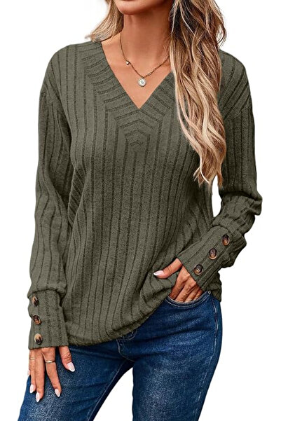 Dokotoo Loose blouse with long sleeves and buttoned placket, green L