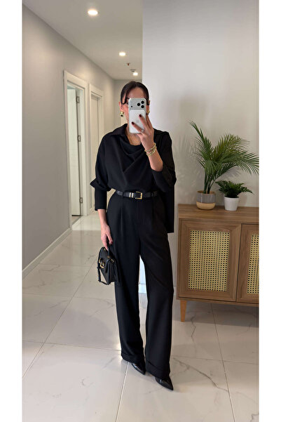 BİRCANÇİL Wenkros Black Shawl Detailed Shirt and Trousers Set