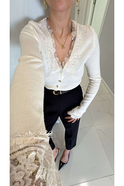 BİRCANÇİL Yocre Cream Lace Detailed Cardigan