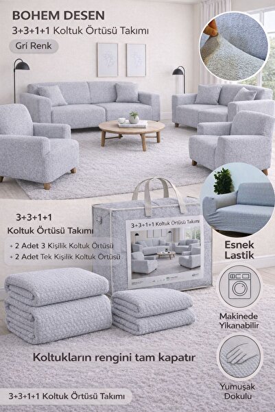 Bohemian Pattern Grey Elastic Seat Cover 3+3+1+1 Set | Flexible Elastic Seat Cover