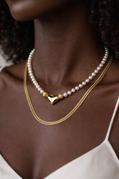 db DİLEK BAŞ TASARIM 2-Piece Combination Pearl & Gold Chain Necklace Set – Detachable Women's Necklace with Heart Clasp