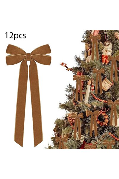 Choice8 25cm Khaki 12PCS Velvet Christmas Bows Christmas Tree DIY Hanging Orn...