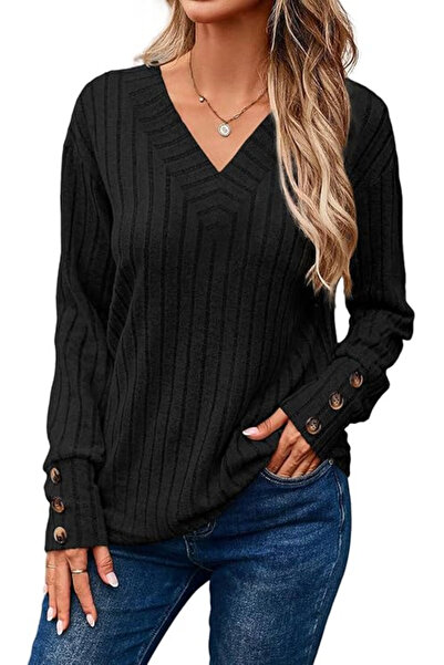 Dokotoo Loose blouse with long sleeves and buttoned placket, black M