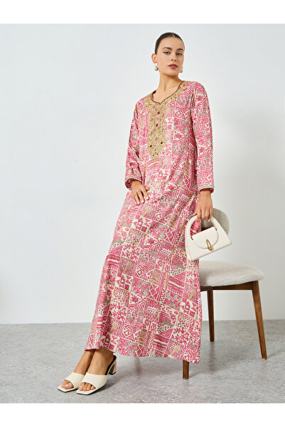 Maxim Creation By Styli Pink Printed Embroidered A-Line Jalabiya