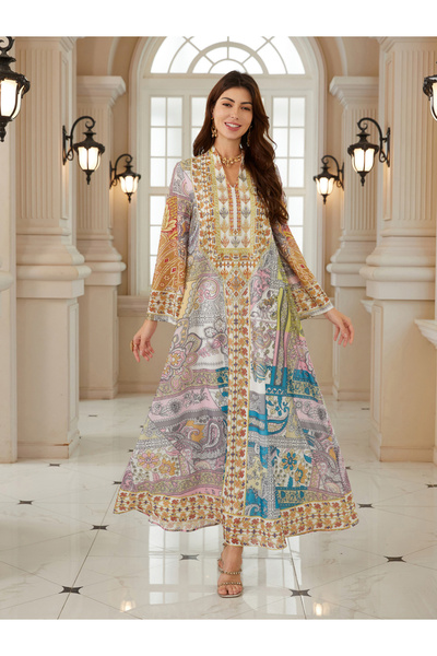 Take Two By Styli Women Printed V-Neck A-Line Jalabiya