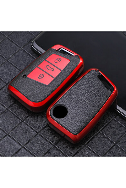 Choice3 Red TPU Leather Car Key Cover For VW Volkswagen Jetta Passat B8 Skoda...