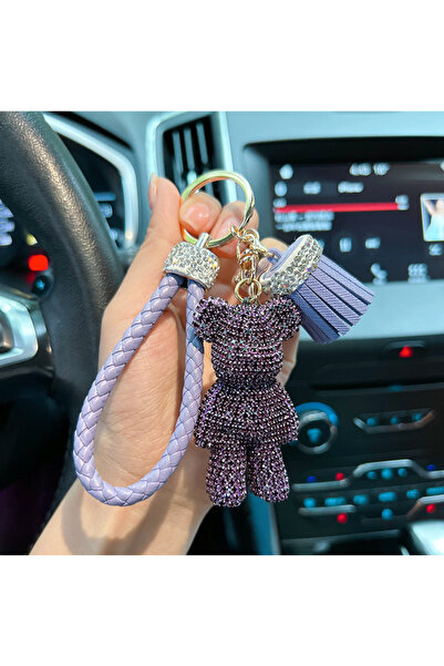 Choice1 سلسلة مفاتيح صغيرة مرصعة بالألماس باللون الأرجواني، بتصميم دب عنيف، م...