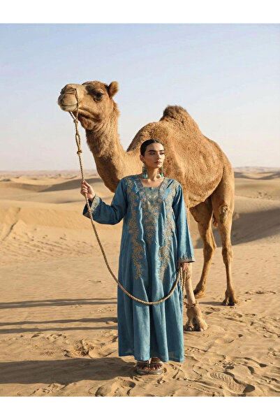 Ishin By Styli Blue Relaxed Embroidered Abaya