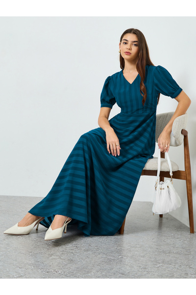 Styli Women Teal Self-Design Maxi Dress