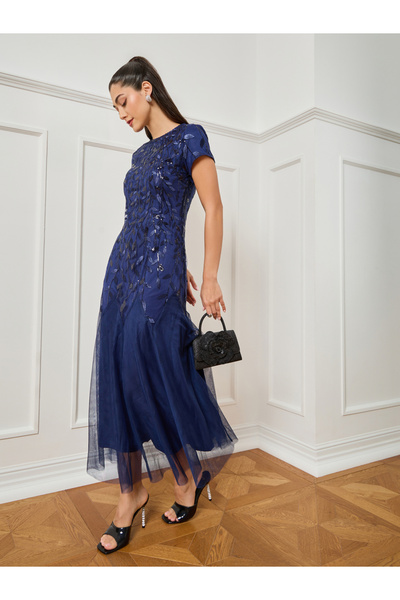 Styli Women Navy Blue Embroidered Mesh A-Line Maxi Dress