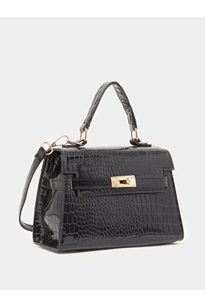 Styli Women Black Croc Textured Handbag