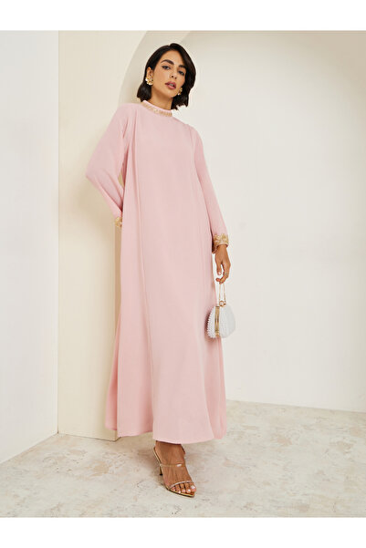 Amirah By Styli Women Lace Trim Flared Sleeve Jalabiya