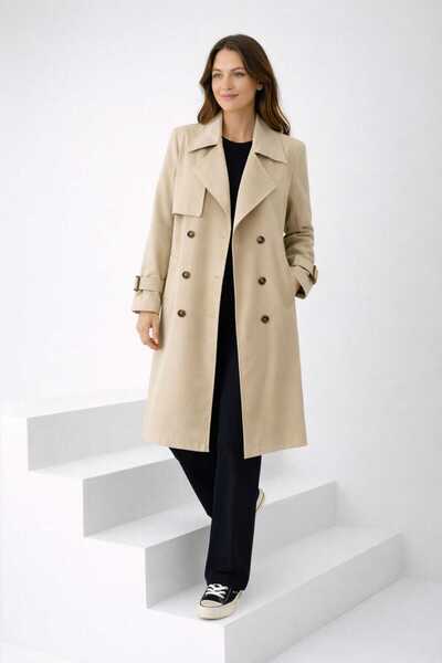 PENGORA Дълго дамско палто с колан, копчета на ръкавите и колан, водоустойчив...