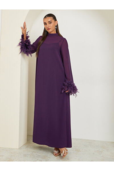 Styli Plain Faux Feather Trim Shift Maxi Dress