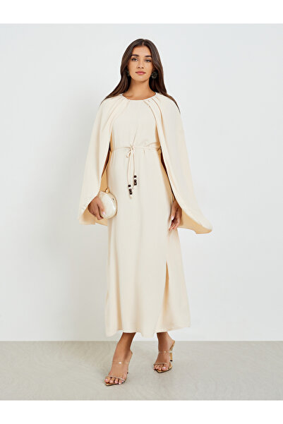 Styli Beige Sleeveless Maxi Dress with Cape Detail