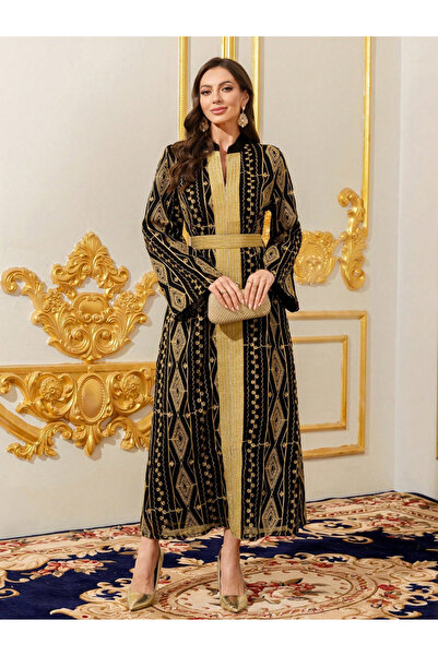 Take Two By Styli Women Black Gold Embroidered Belted Jalabiya