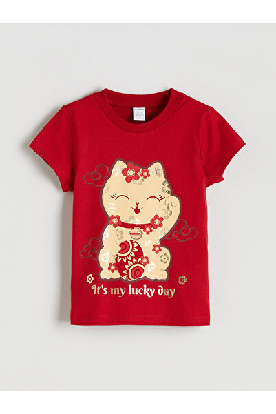 LC Waikiki Trendlucky Girls' T-Shirt with Oval Collar and Printed Design