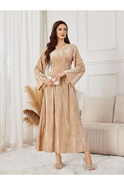 Take Two By Styli Women Beige Textured Waist Tie Maxi Dress