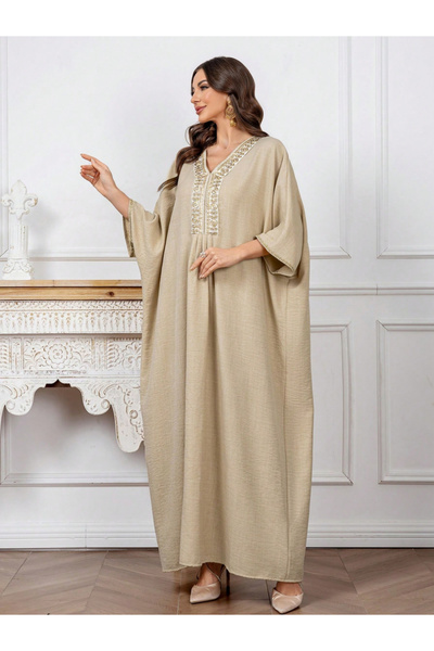 Take Two By Styli Women Beige Embroidered Batwing Sleeve Jalabiya