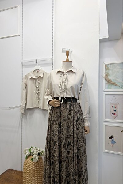 Faya Boutique Krem Kurdele Detaylı Poplin Gömlek