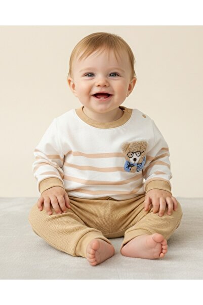 Ege Bebek طقم أطفال أولادي مصنوع من القطن بنسبة 100%، مخطط ومطرز بتصميم دمية ...