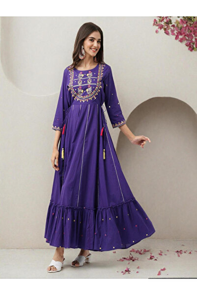 Ishin By Styli Purple Cotton Embroidered Maxi Dress