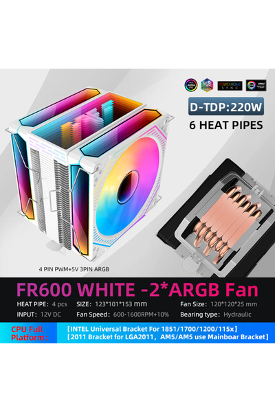 choice2 مبرد معالج Metalfish FR600-A-White-2FAN بتقنية A-RGB، مزود بأربعة أنا...