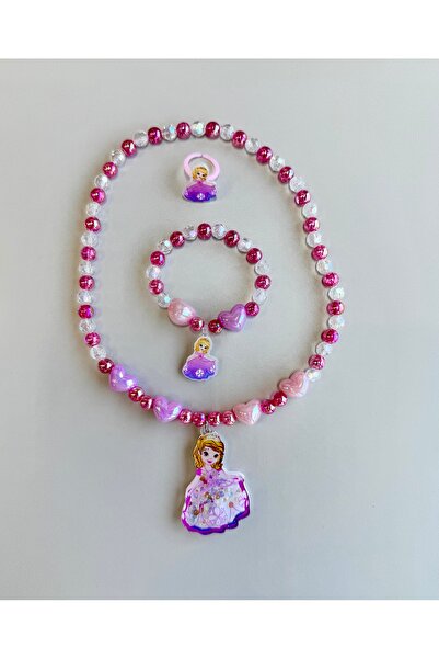 ABAS Figürlü barbie kız çocuk kolye bileklik ve yüzük 3’lü set