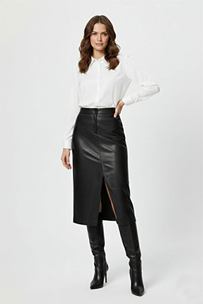 Deriderim Stella Genuine Leather Black Slit Midi Pencil Skirt