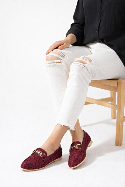 STOCON Women's Cassia Burgundy Glitter Tweed Fabric Loafer Ballerina with Gol...