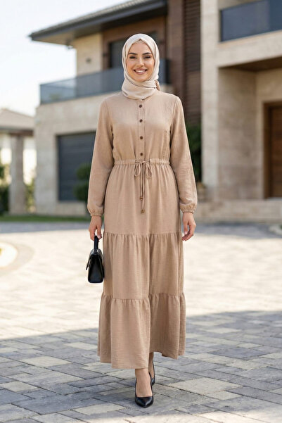 Hb Harma Time Butik Women's Buttoned Lace-Up Beige Hijab Linen Dress