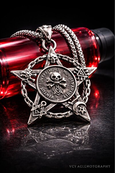voyageaccessory Paslanmaz Çelik Okült Sembollü Erkek Gotik Kurukafa Pentagram...
