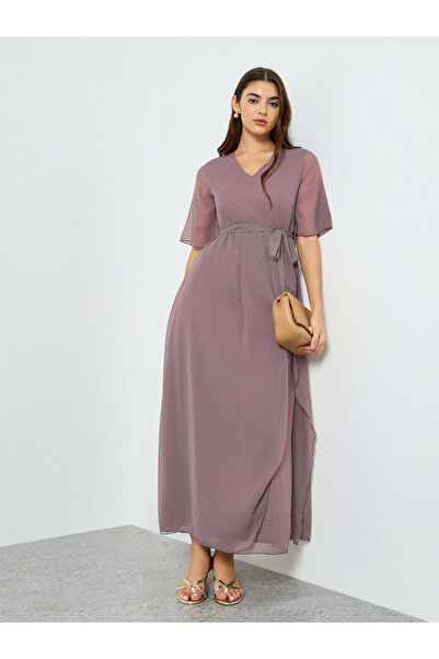 Styli Women V Neck Maxi Dress with Tie-Belt