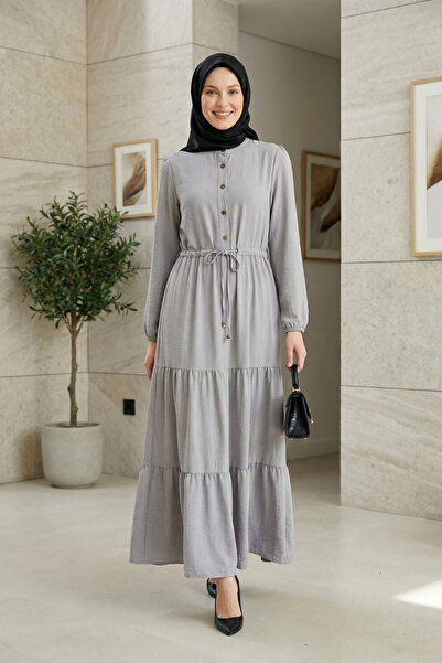 Hb Harma Time Butik Women's Buttoned Lace-Up Gray Hijab Linen Dress