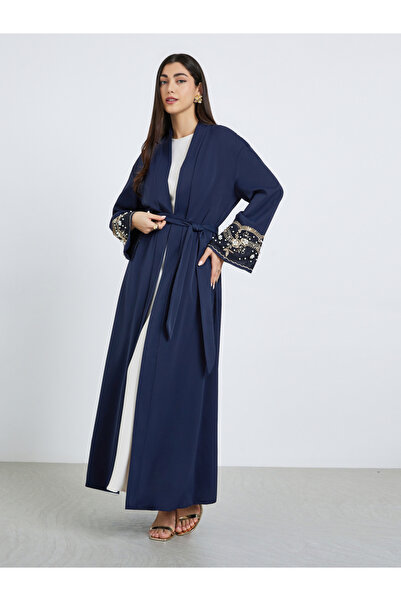 Amirah By Styli Women Navy Blue Embellished Sleeve Cuffed Abaya