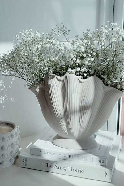 Merely Sare Perle Dekoratif İstiridye Vazo - 16x19 cm - Modern Bej Tasarım Obje