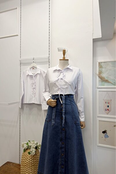 Faya Boutique Beyaz Kurdele Detaylı Poplin Gömlek