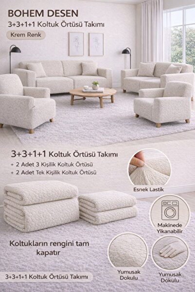 bibaha Bohem Desen krem Lastikli Koltuk Örtüsü 3+3+1+1 Takımı Esnek Lastikli ...